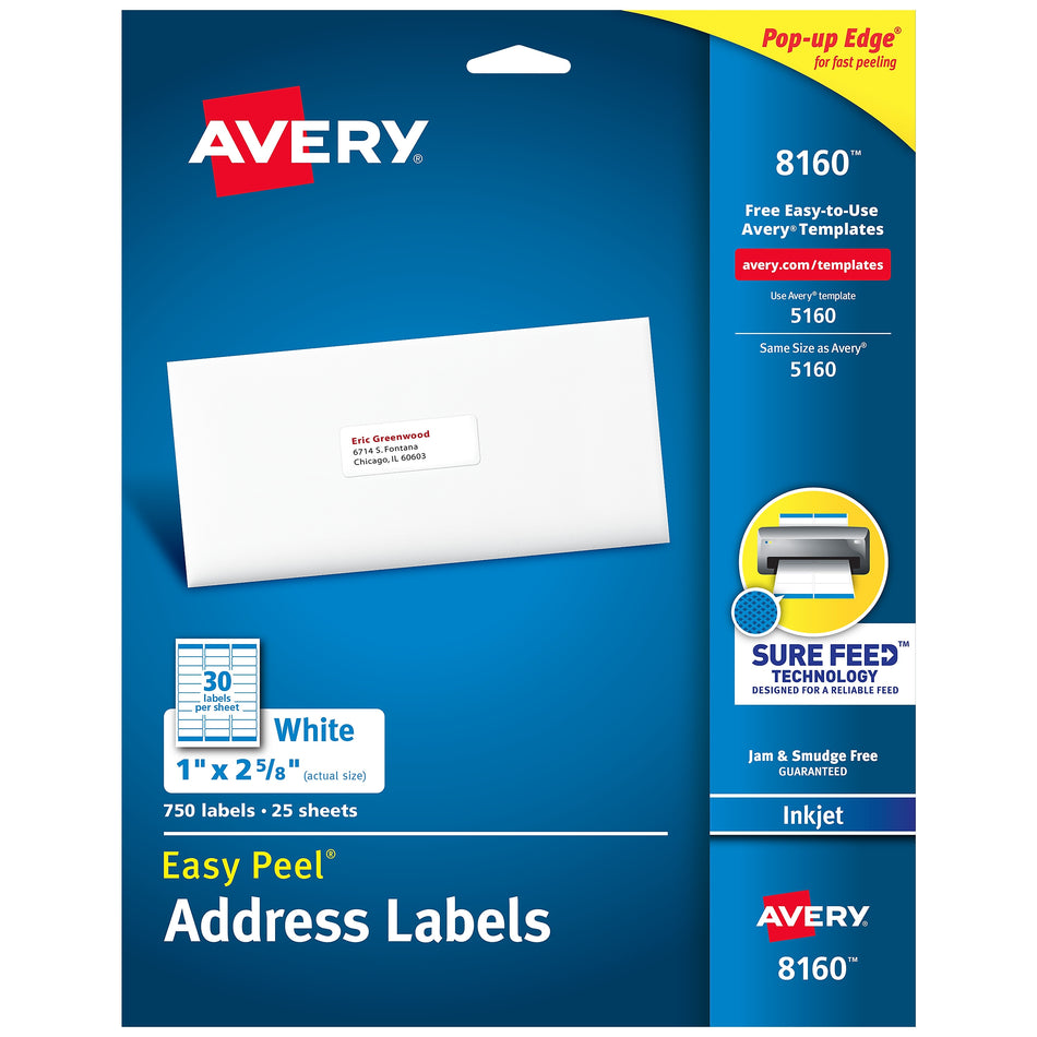 Avery Easy Peel Inkjet Address Labels, 1" x 2-5/8", White, 30 Labels/Sheet, 25 Sheets/Pack