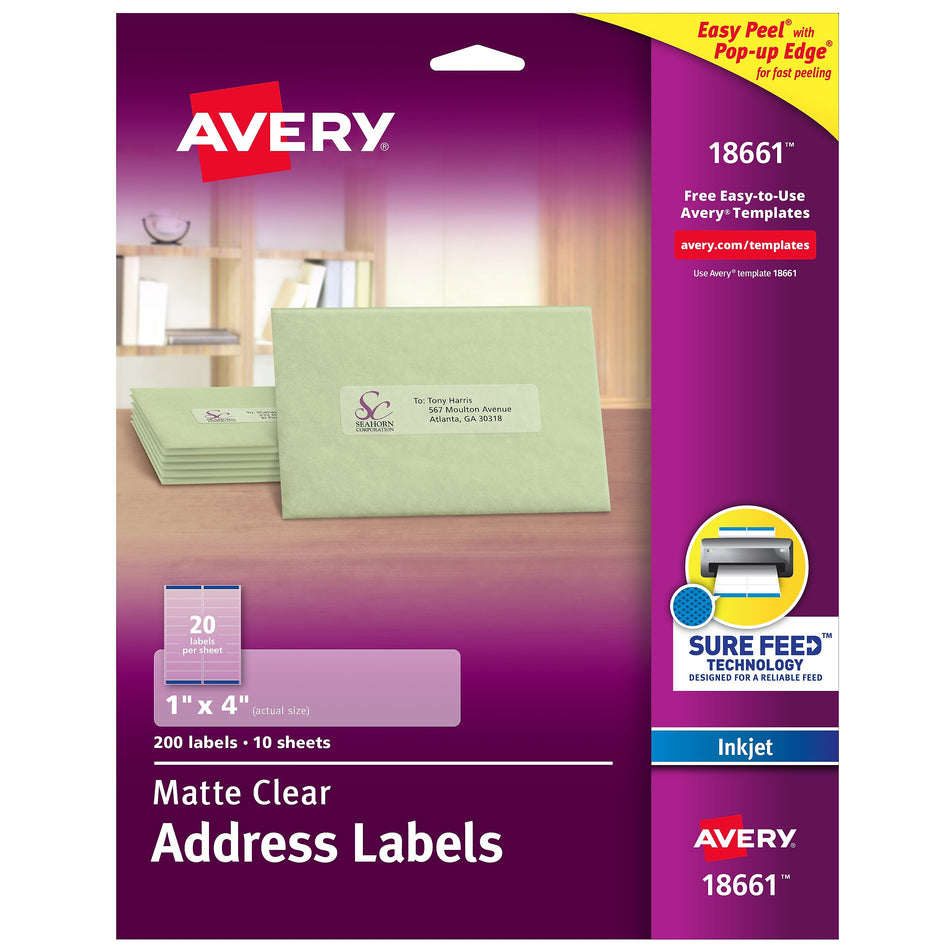 Avery Easy Peel Inkjet Address Labels, 1" x 4", Clear, 20 Labels/Sheet, 10 Sheets/Pack