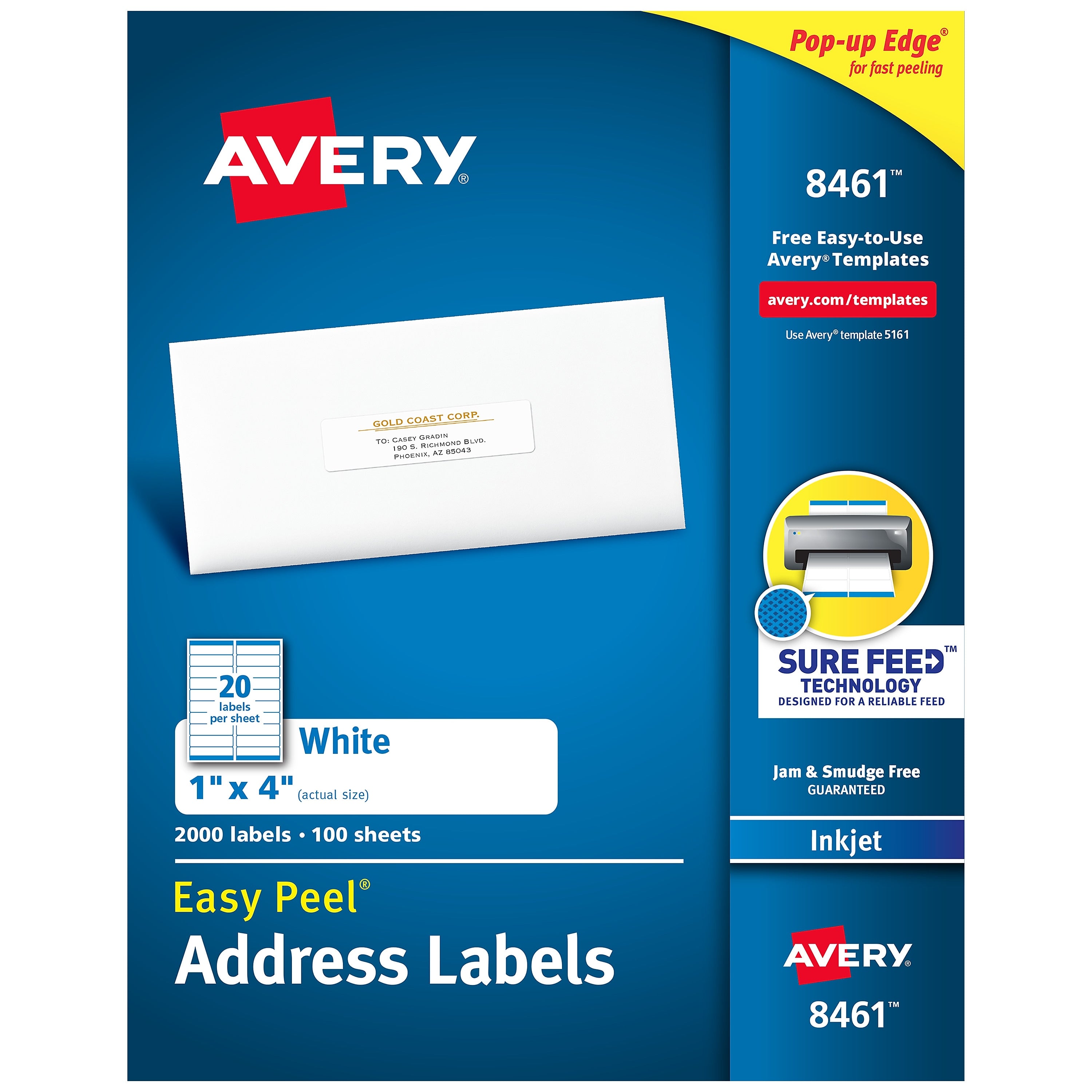 Avery Easy Peel Inkjet Address Labels, 1" x 4", White, 20 Labels/Sheet, 100 Sheets/Box