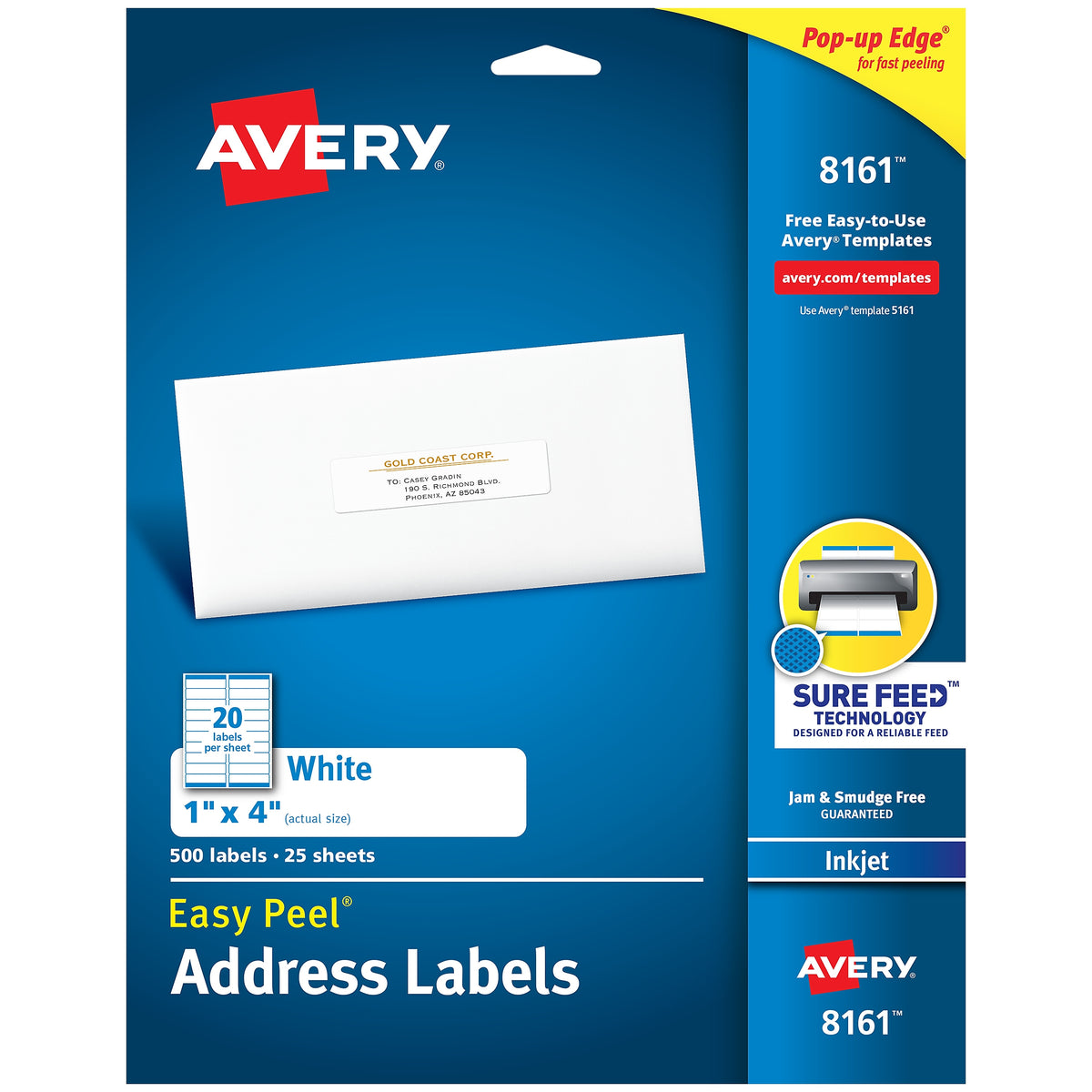 Avery Easy Peel Inkjet Address Labels, 1" x 4", White, 20 Labels/Sheet, 25 Sheets/Pack