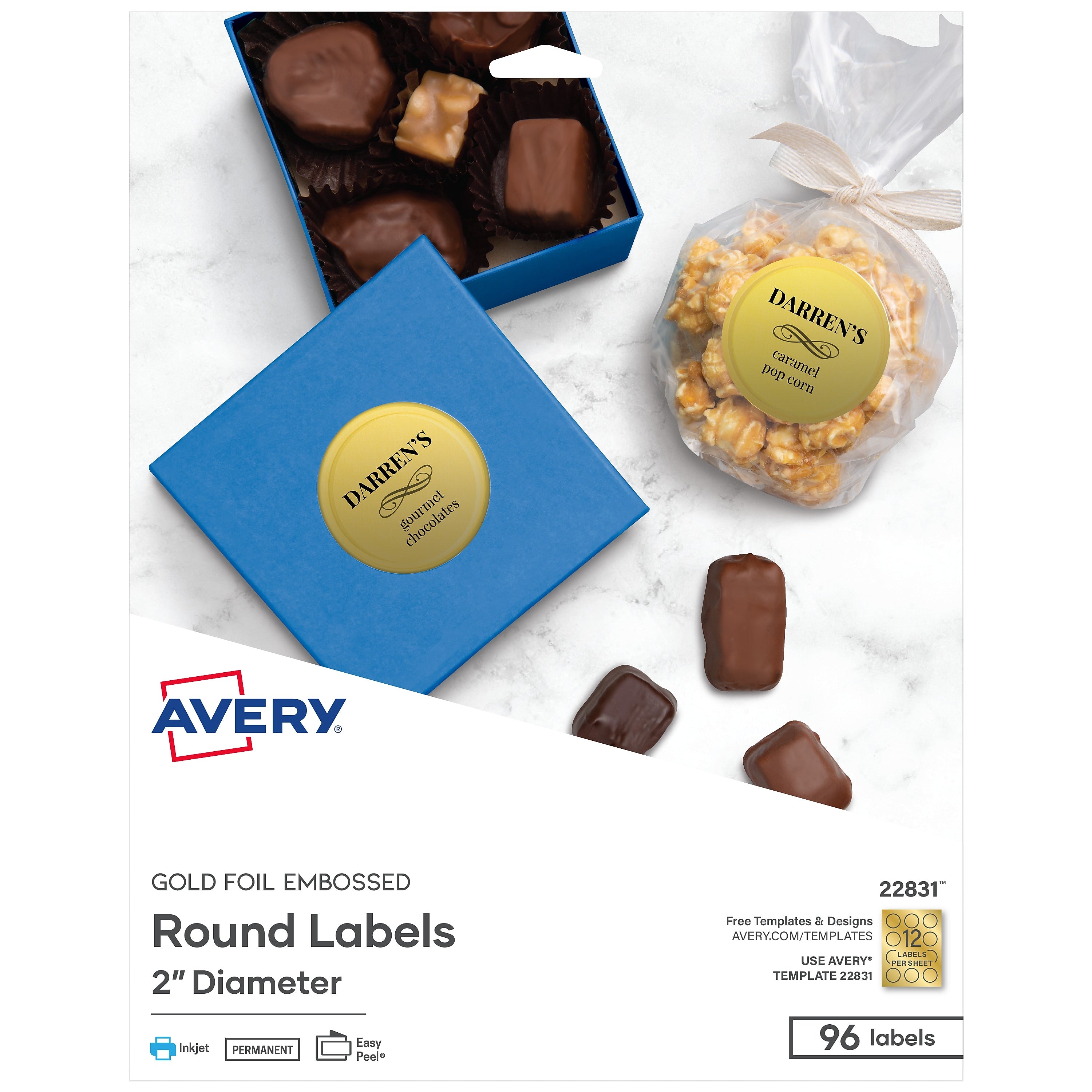 Avery Easy Peel Inkjet Embossed Foil Round Labels, 2" Diameter, Gold, 12 Labels/Sheet, 8 Sheets/Pack, 96 Labels/Pack