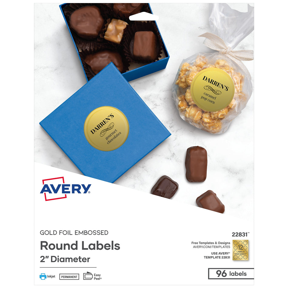 Avery Easy Peel Inkjet Embossed Foil Round Labels, 2" Diameter, Gold, 12 Labels/Sheet, 8 Sheets/Pack, 96 Labels/Pack