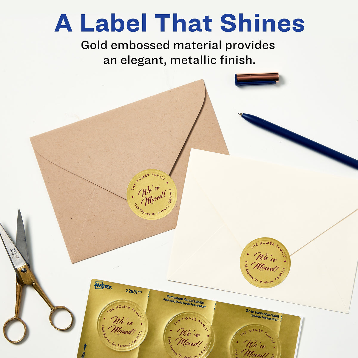 Avery Easy Peel Inkjet Embossed Foil Round Labels, 2" Diameter, Gold, 12 Labels/Sheet, 8 Sheets/Pack, 96 Labels/Pack