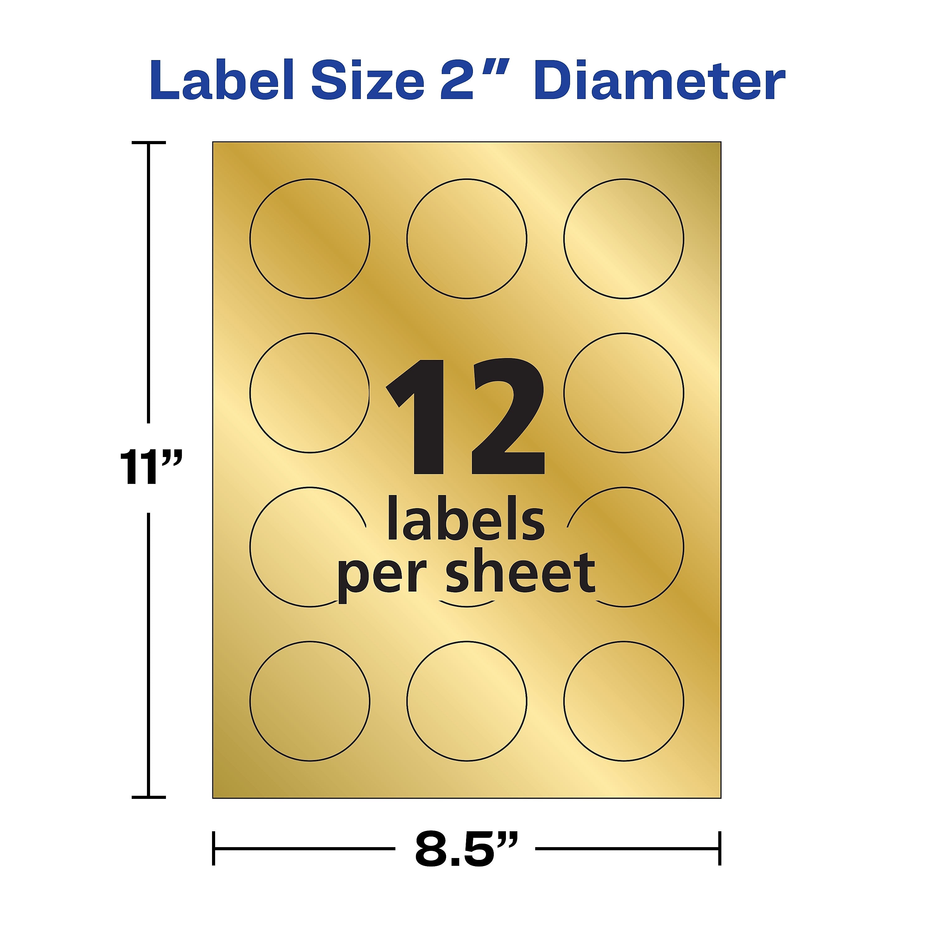 Avery Easy Peel Inkjet Embossed Foil Round Labels, 2" Diameter, Gold, 12 Labels/Sheet, 8 Sheets/Pack, 96 Labels/Pack