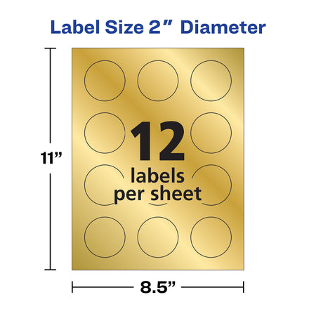 Avery Easy Peel Inkjet Embossed Foil Round Labels, 2" Diameter, Gold, 12 Labels/Sheet, 8 Sheets/Pack, 96 Labels/Pack