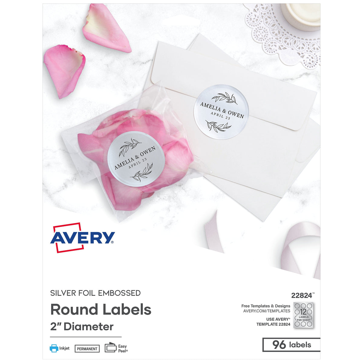 Avery Easy Peel Inkjet Embossed Foil Round Labels, 2" Diameter, Silver, 12 Labels/Sheet, 8 Sheets/Pack, 96 Labels/Pack