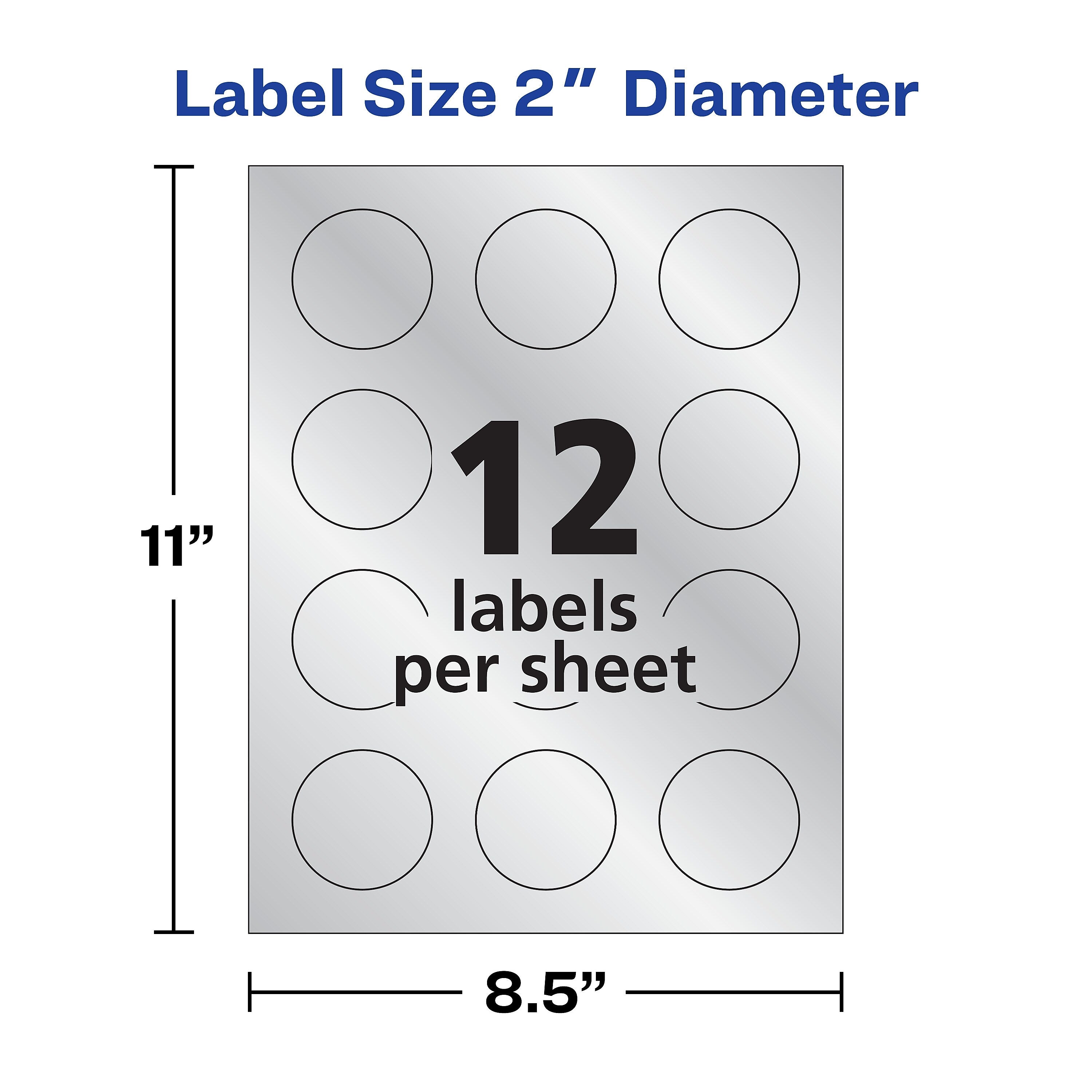 Avery Easy Peel Inkjet Embossed Foil Round Labels, 2" Diameter, Silver, 12 Labels/Sheet, 8 Sheets/Pack, 96 Labels/Pack