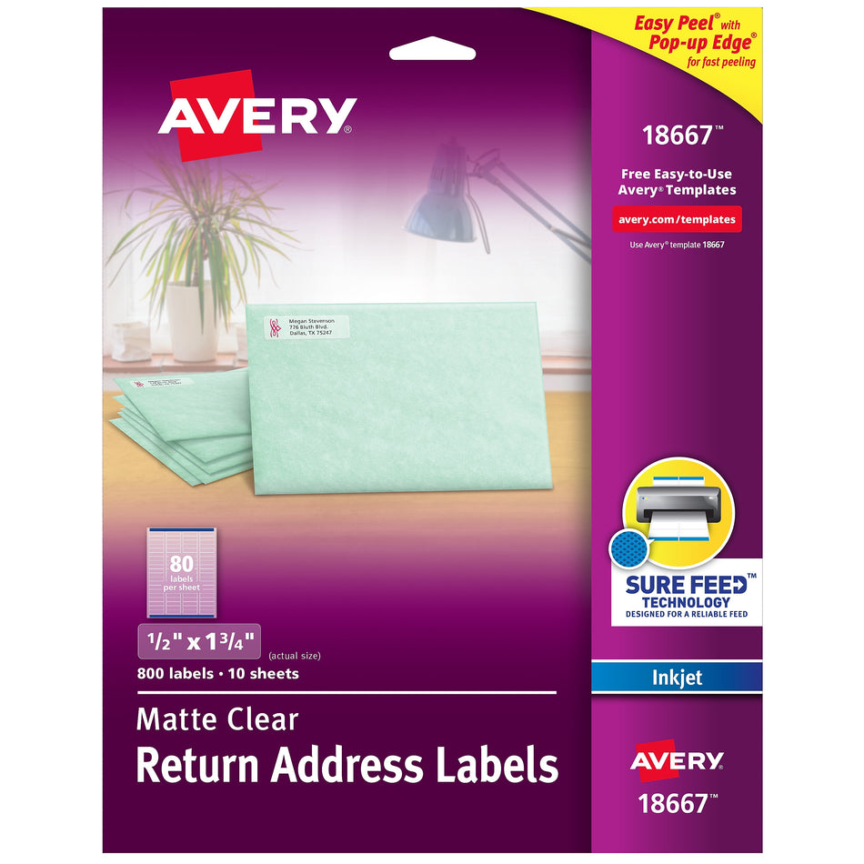 Avery Easy Peel Inkjet Return Address Labels, 1/2" x 1-3/4", Clear, 80 Labels/Sheet, 10 Sheets/Pack