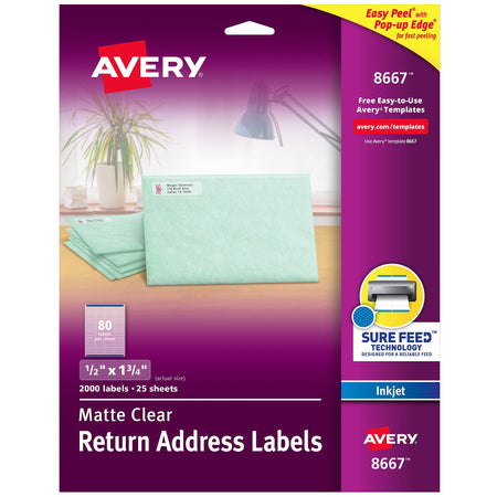 Avery Easy Peel Inkjet Return Address Labels, 1/2" x 1-3/4", Clear, 80 Labels/Sheet, 25 Sheets/Pack