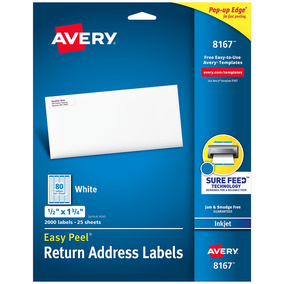 Avery Easy Peel Inkjet Return Address Labels, 1/2" x 1-3/4", White, 80 Labels/Sheet, 25 Sheets/Pack