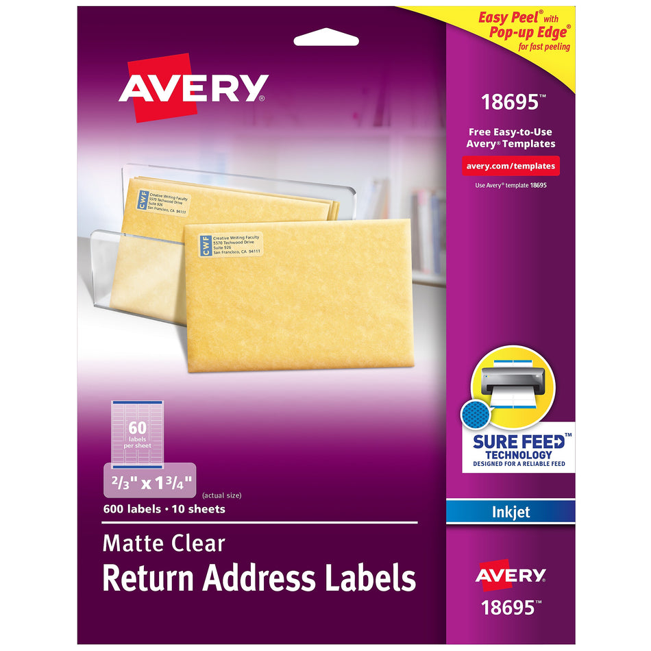 Avery Easy Peel Inkjet Return Address Labels, 2/3" x 1-3/4", Clear, 60 Labels/Sheet, 10 Sheets/Pack