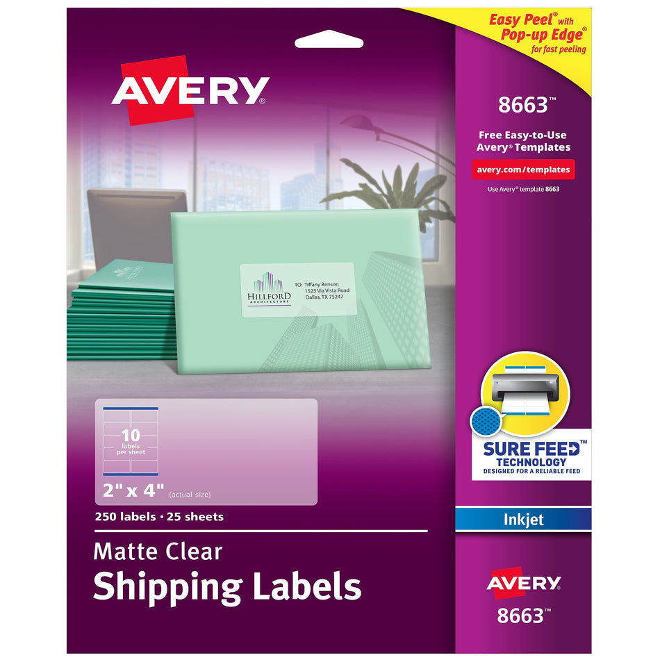 Avery Easy Peel Inkjet Shipping Labels, 2" x 4", Clear, 10 Labels/Sheet, 25 Sheets/Pack