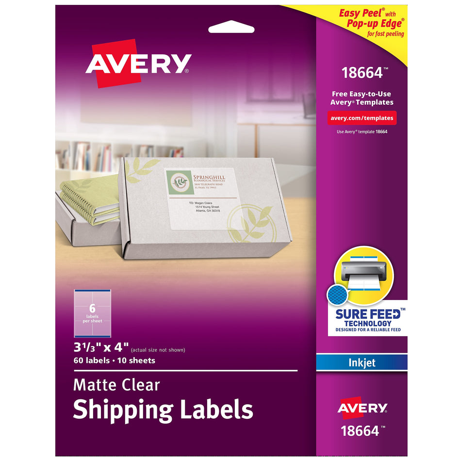 Avery Easy Peel Inkjet Shipping Labels, 3-1/3" x 4", Clear, 6 Labels/Sheet, 10 Sheets/Pack, 60 Labels/Pack