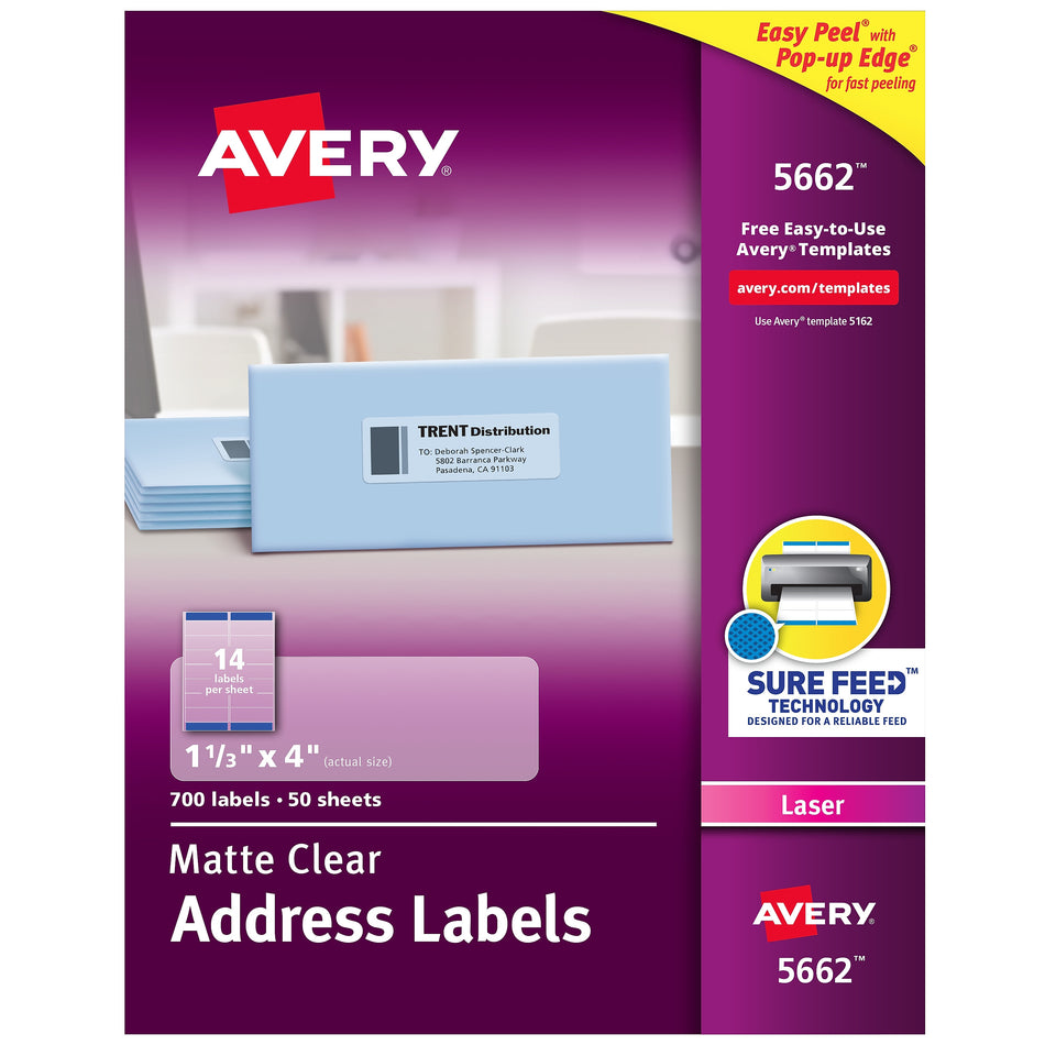 Avery Easy Peel Laser Address Labels, 1-1/3" x 4", Clear, 14 Labels/Sheet, 50 Sheets/Box