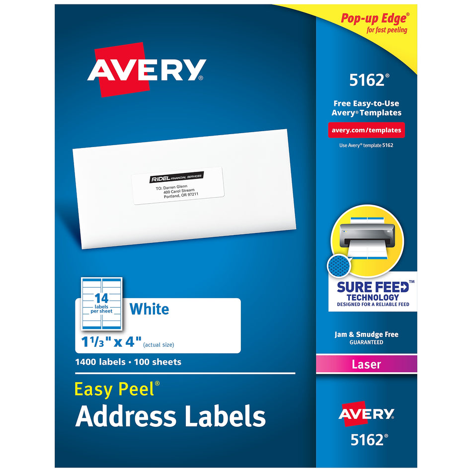 Avery Easy Peel Laser Address Labels, 1-1/3" x 4", White, 14 Labels/Sheet, 100 Sheets/Box