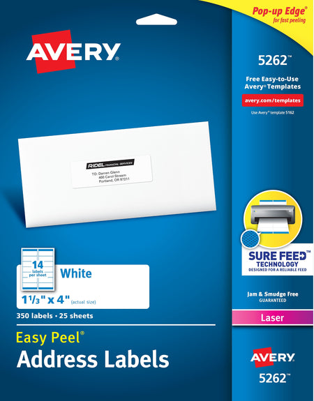 Avery Easy Peel Laser Address Labels, 1-1/3" x 4", White, 14 Labels/Sheet, 25 Sheets/Pack