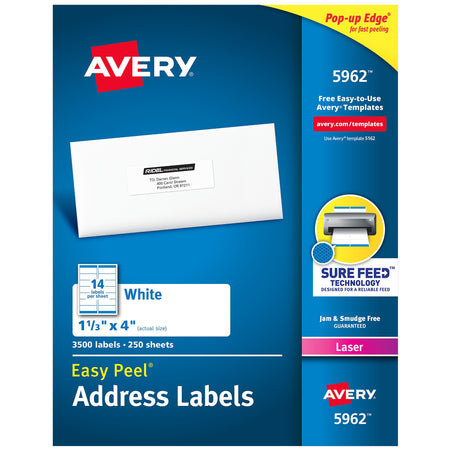 Avery Easy Peel Laser Address Labels, 1-1/3" x 4", White, 14 Labels/Sheet, 250 Sheets/Box