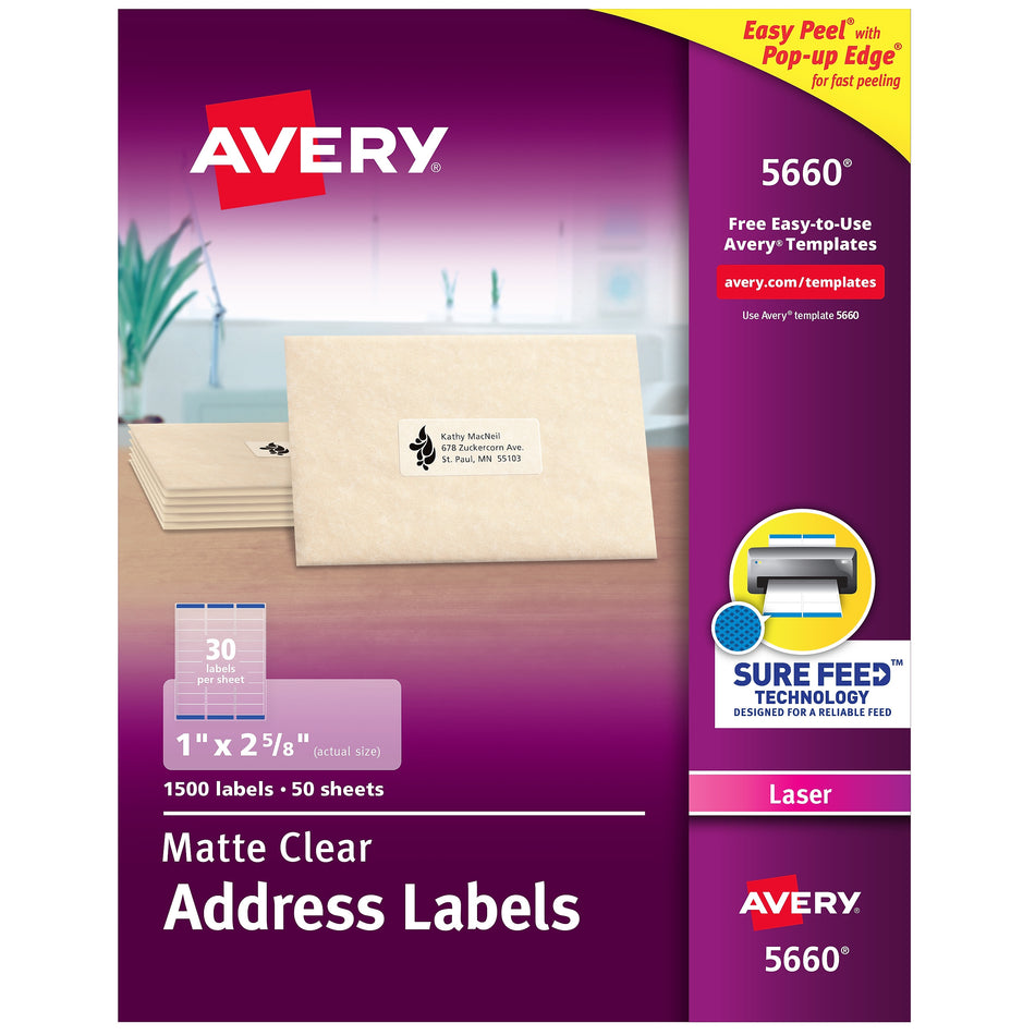 Avery Easy Peel Laser Address Labels, 1" x 2-5/8", Clear, 30 Labels/Sheet, 50 Sheets/Box