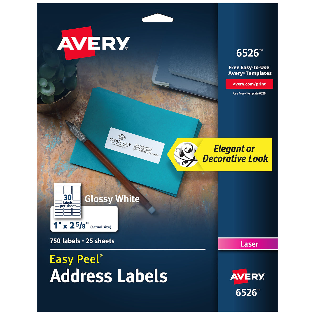 Avery Easy Peel Laser Address Labels, 1" x 2-5/8", Glossy White, 30 Labels/Sheet, 25 Sheets/Pack, 750 Labels/Pack