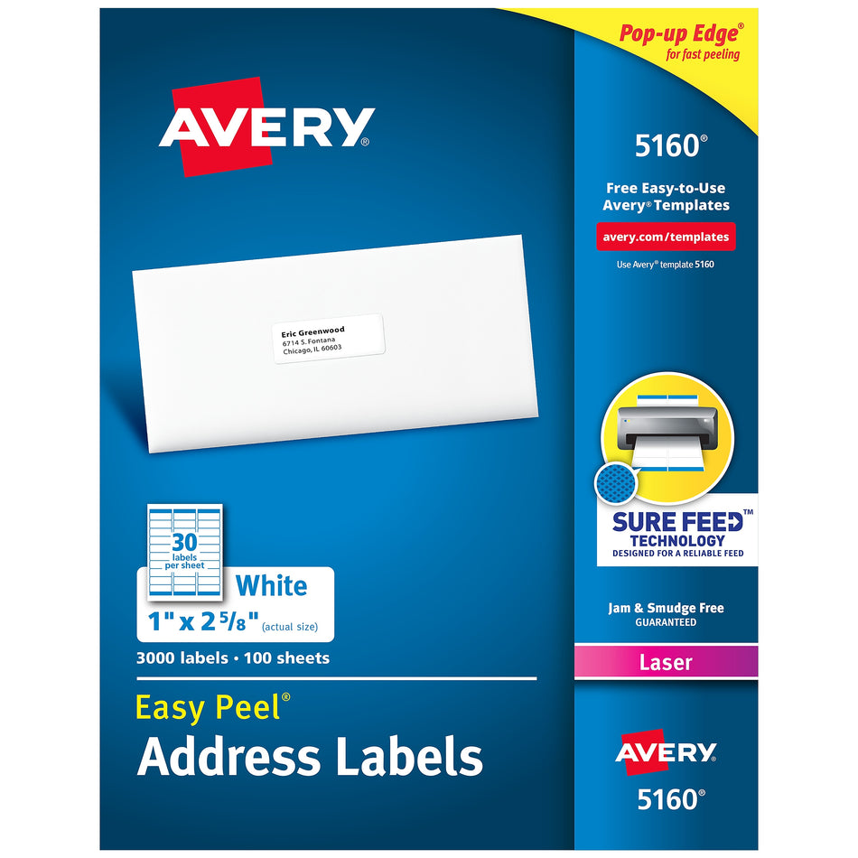 Avery Easy Peel Laser Address Labels, 1" x 2-5/8", White, 30 Labels/Sheet, 100 Sheets/Box