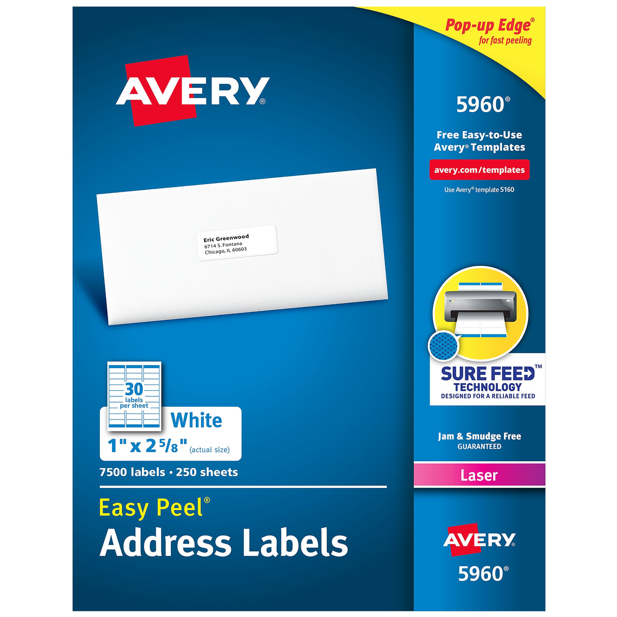 Avery Easy Peel Laser Address Labels, 1" x 2-5/8", White, 30 Labels/Sheet, 250 Sheets/Box