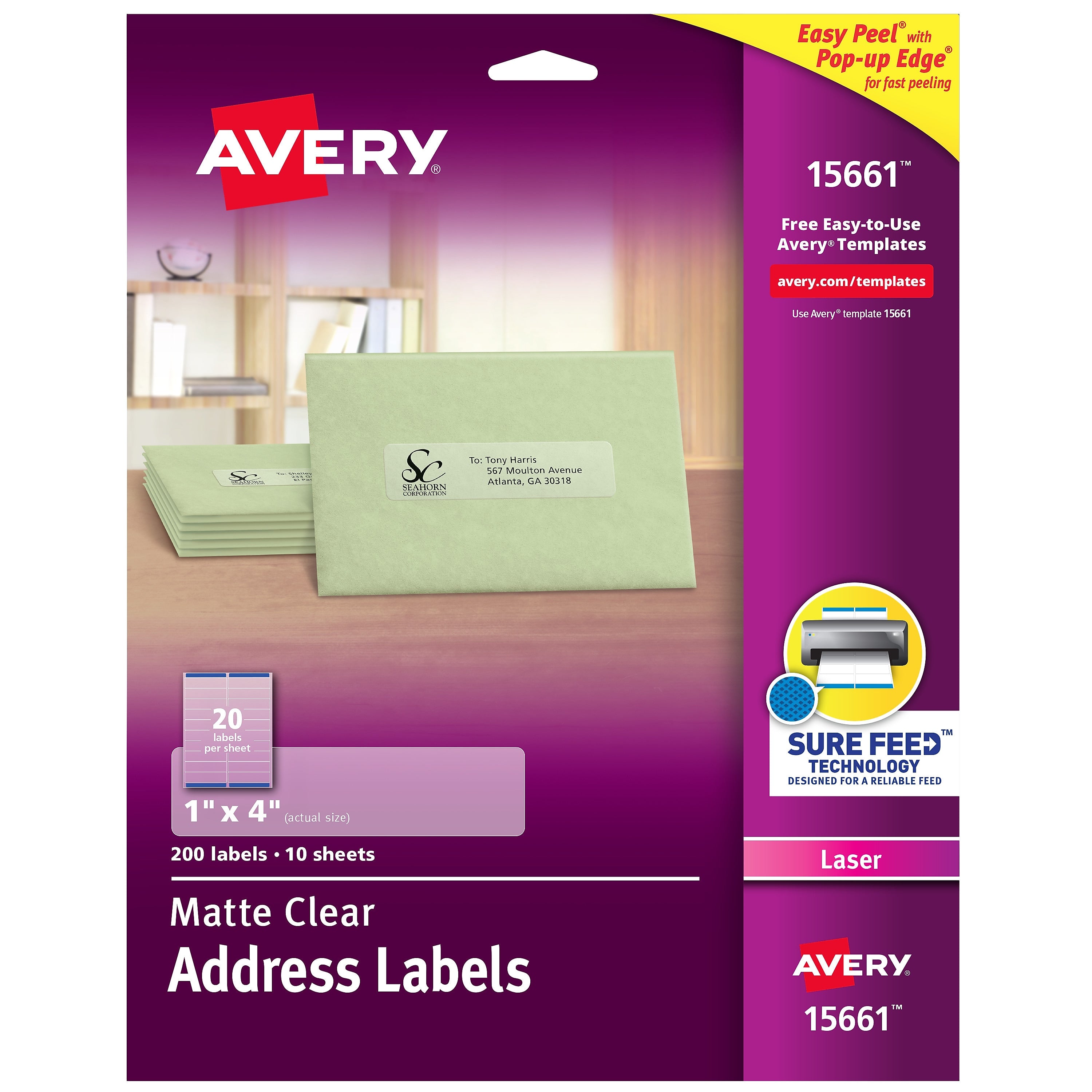 Avery Easy Peel Laser Address Labels, 1" x 4", Clear, 20 Labels/Sheet, 10 Sheets/Pack