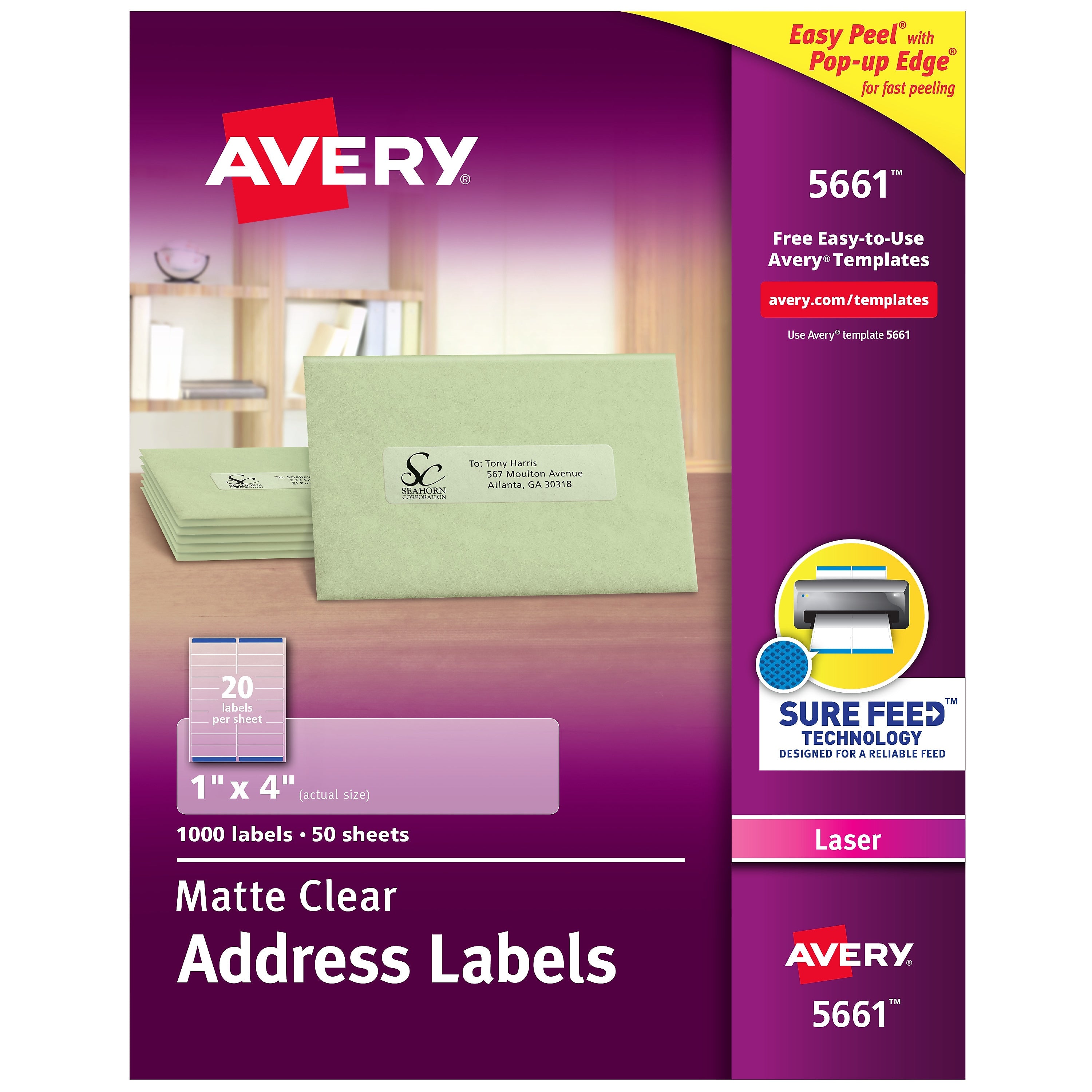 Avery Easy Peel Laser Address Labels, 1" x 4", Clear, 20 Labels/Sheet, 50 Sheets/Box