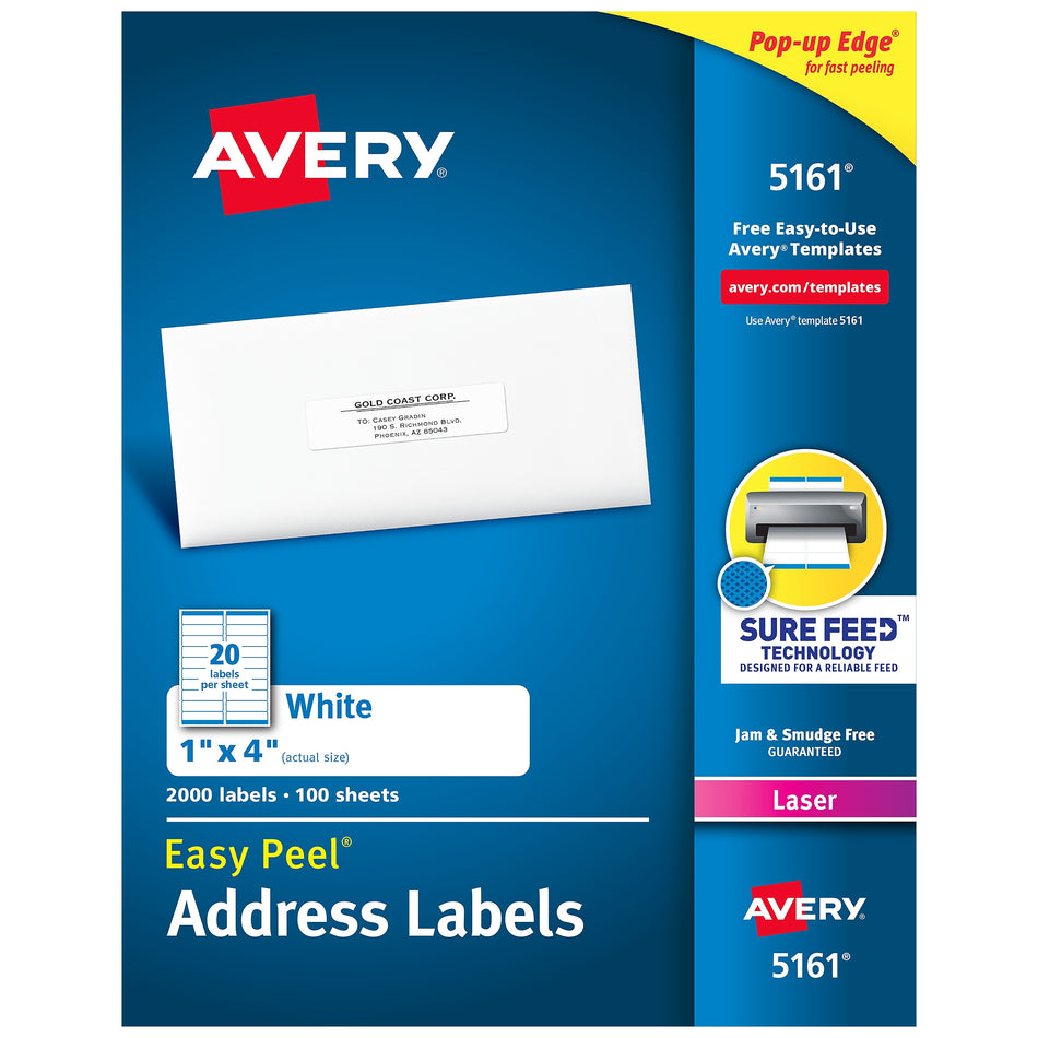 Avery Easy Peel Laser Address Labels, 1" x 4", White, 20 Labels/Sheet, 100 Sheets/Box