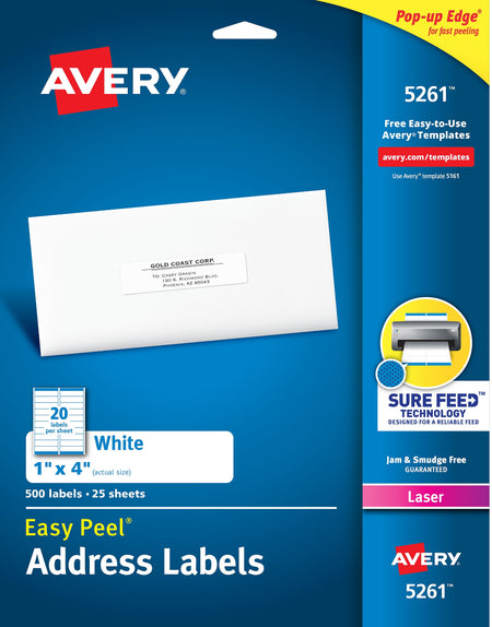 Avery Easy Peel Laser Address Labels, 1" x 4", White, 20 Labels/Sheet, 25 Sheets/Pack