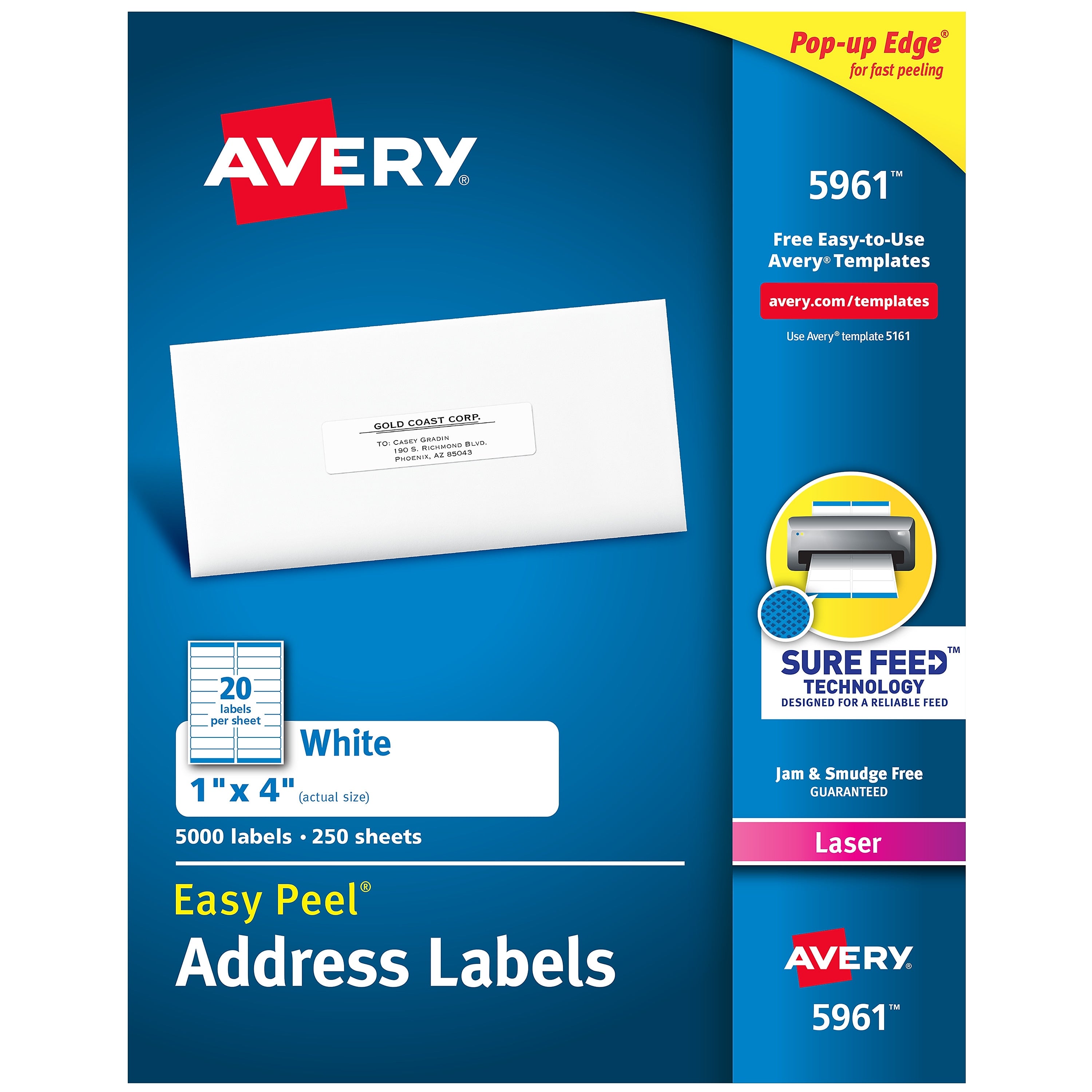 Avery Easy Peel Laser Address Labels, 1" x 4", White, 20 Labels/Sheet, 250 Sheets/Box