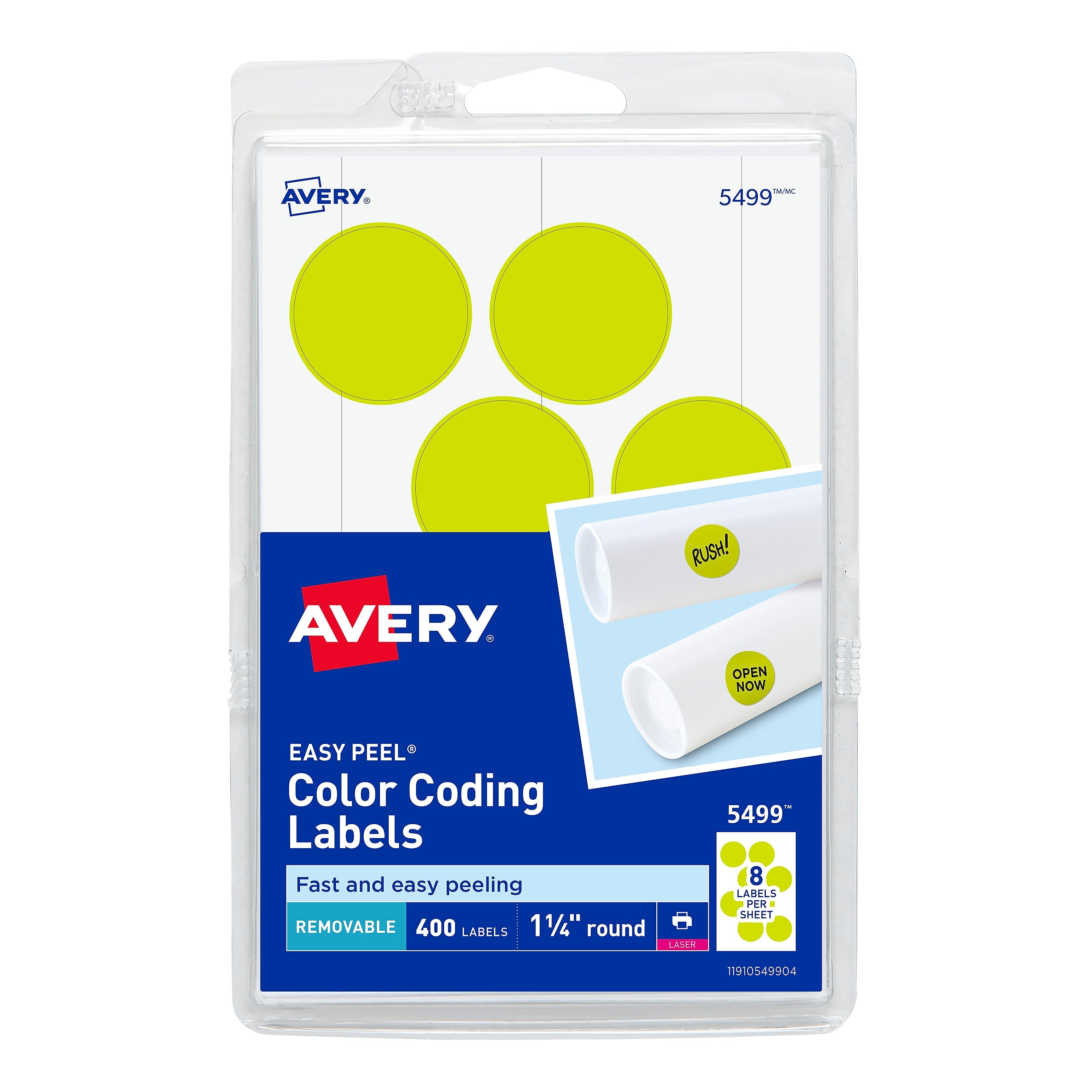 Avery Easy Peel Laser Color Coding Labels, 1 1/4" Dia, Neon Yellow, 8 Labels/Sheet, 50 Sheets/Pack