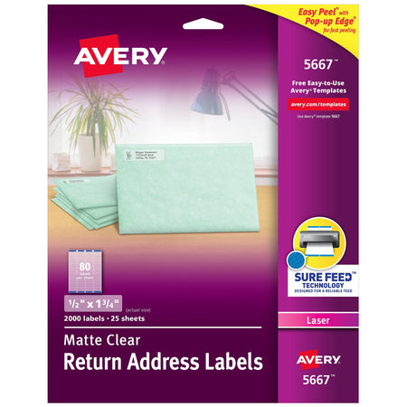 Avery Easy Peel Laser Return Address Labels, 1/2" x 1-3/4", Clear, 80 Labels/Sheet, 25 Sheets/Pack