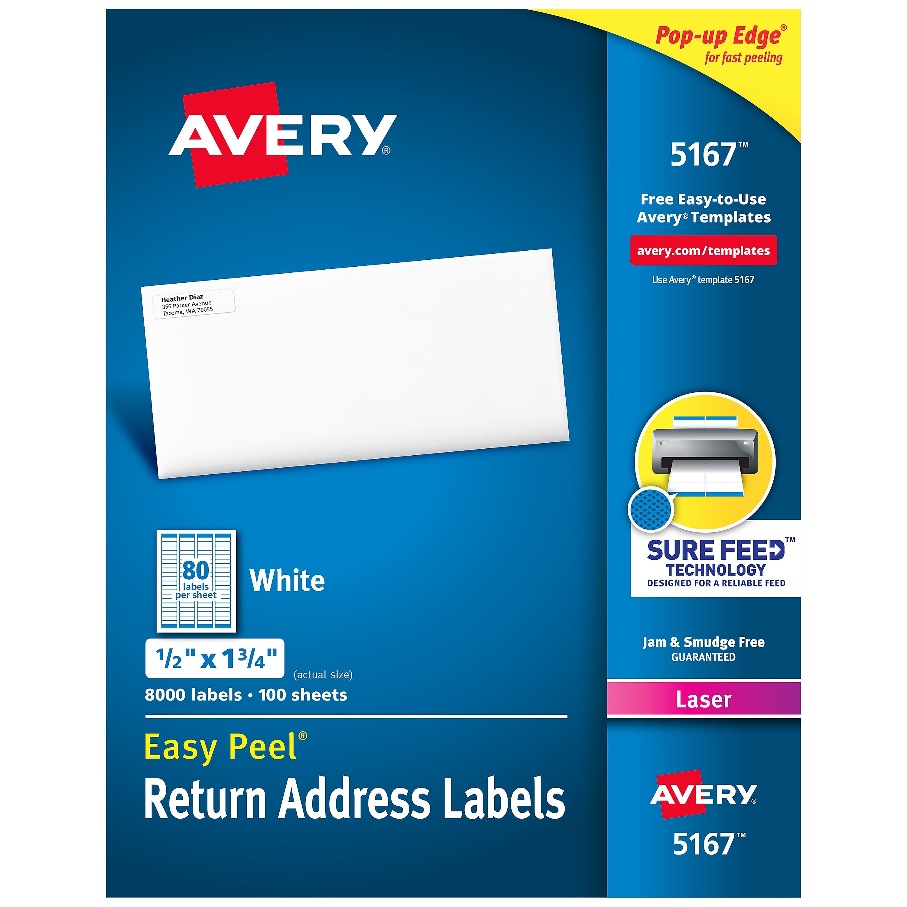 Avery Easy Peel Laser Return Address Labels, 1/2" x 1-3/4", White, 80 Labels/Sheet, 100 Sheets/Pack