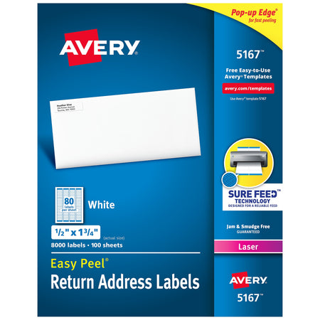 Avery Easy Peel Laser Return Address Labels, 1/2" x 1-3/4", White, 80 Labels/Sheet, 100 Sheets/Pack