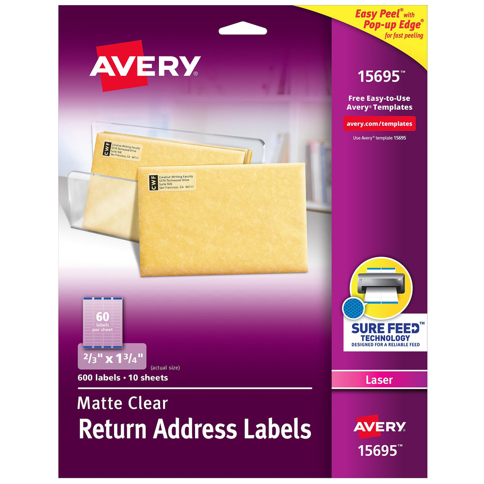 Avery Easy Peel Laser Return Address Labels, 2/3" x 1-3/4", Clear, 60 Labels/Sheet, 10 Sheets/Pack