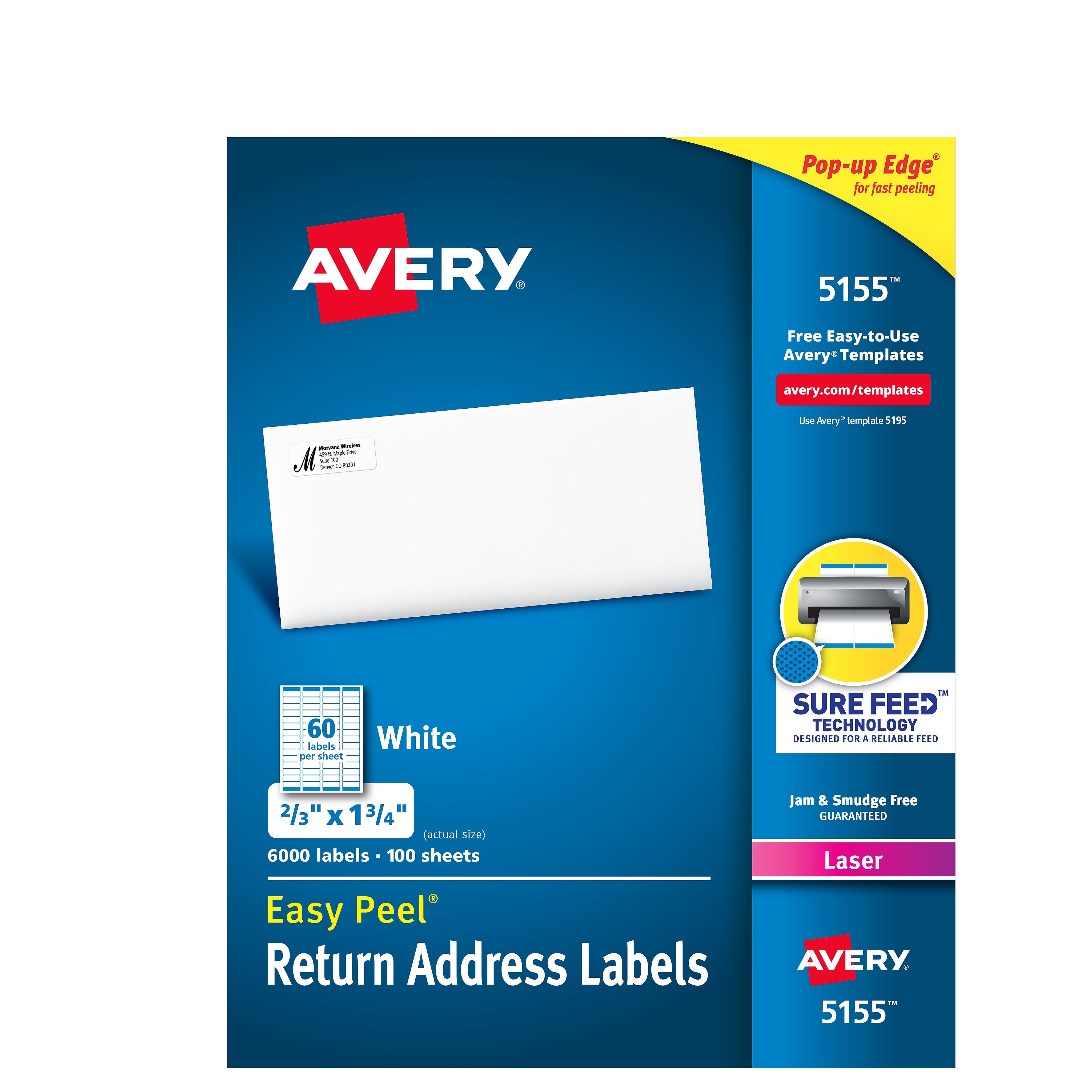 Avery Easy Peel Laser Return Address Labels, 2/3" x 1-3/4", White, 60 Labels/Sheet, 100 Sheets/Pack