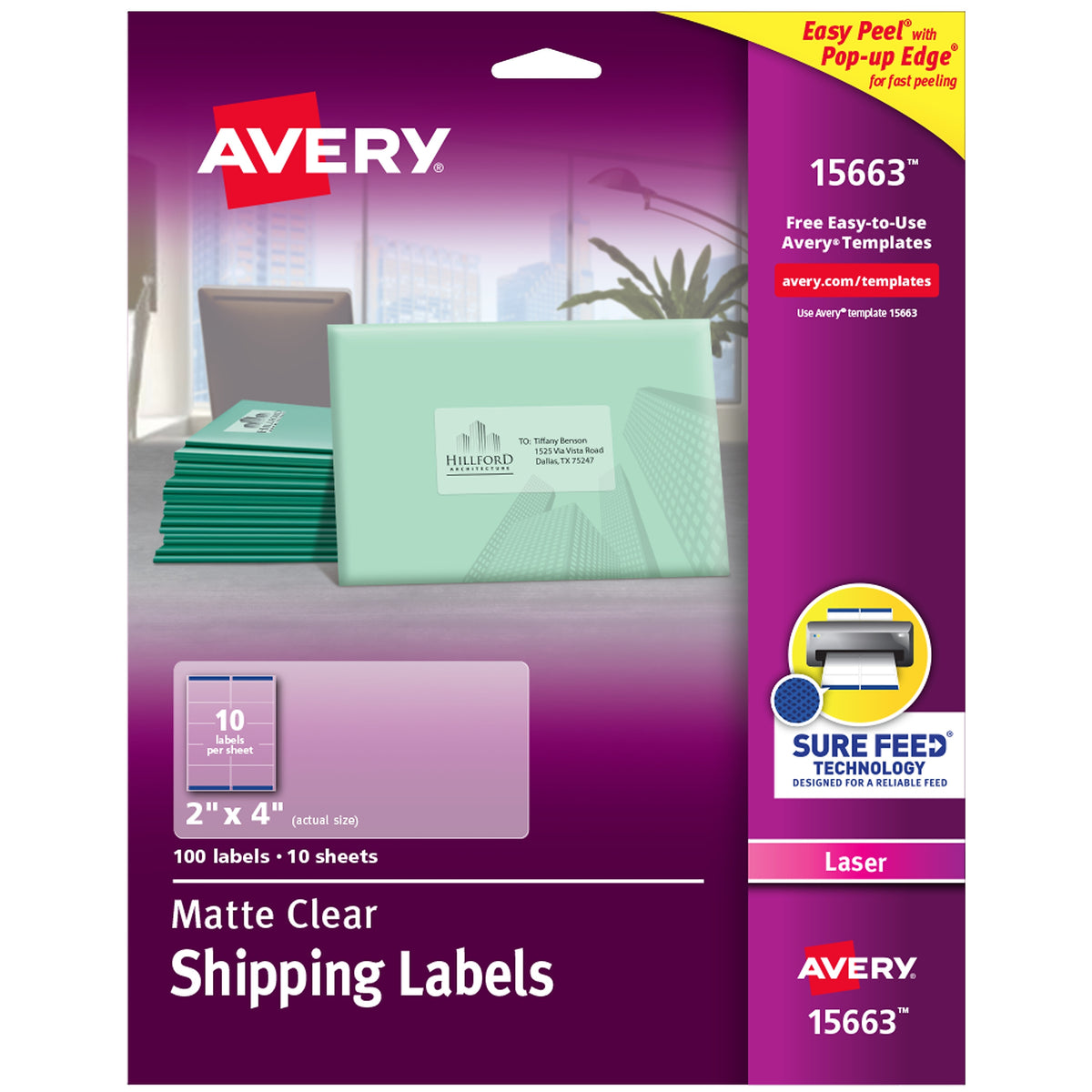 Avery Easy Peel Laser Shipping Labels, 2" x 4", Clear, 10 Labels/Sheet, 10 Sheets/Pack