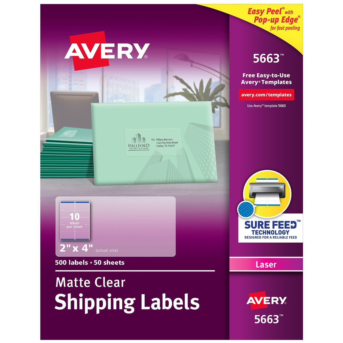 Avery Easy Peel Laser Shipping Labels, 2" x 4", Clear, 10 Labels/Sheet, 50 Sheets/Box