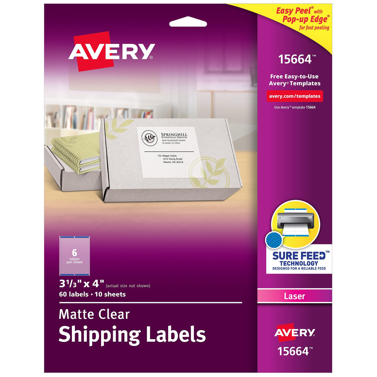 Avery Easy Peel Laser Shipping Labels, 3-1/3" x 4", Clear, 6 Labels/Sheet, 10 Sheets/Pack, 60 Labels/Pack