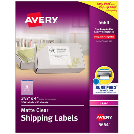 Avery Easy Peel Laser Shipping Labels, 3-1/3" x 4", Clear, 6 Labels/Sheet, 50 Sheets/Pack, 300 Labels/Pack