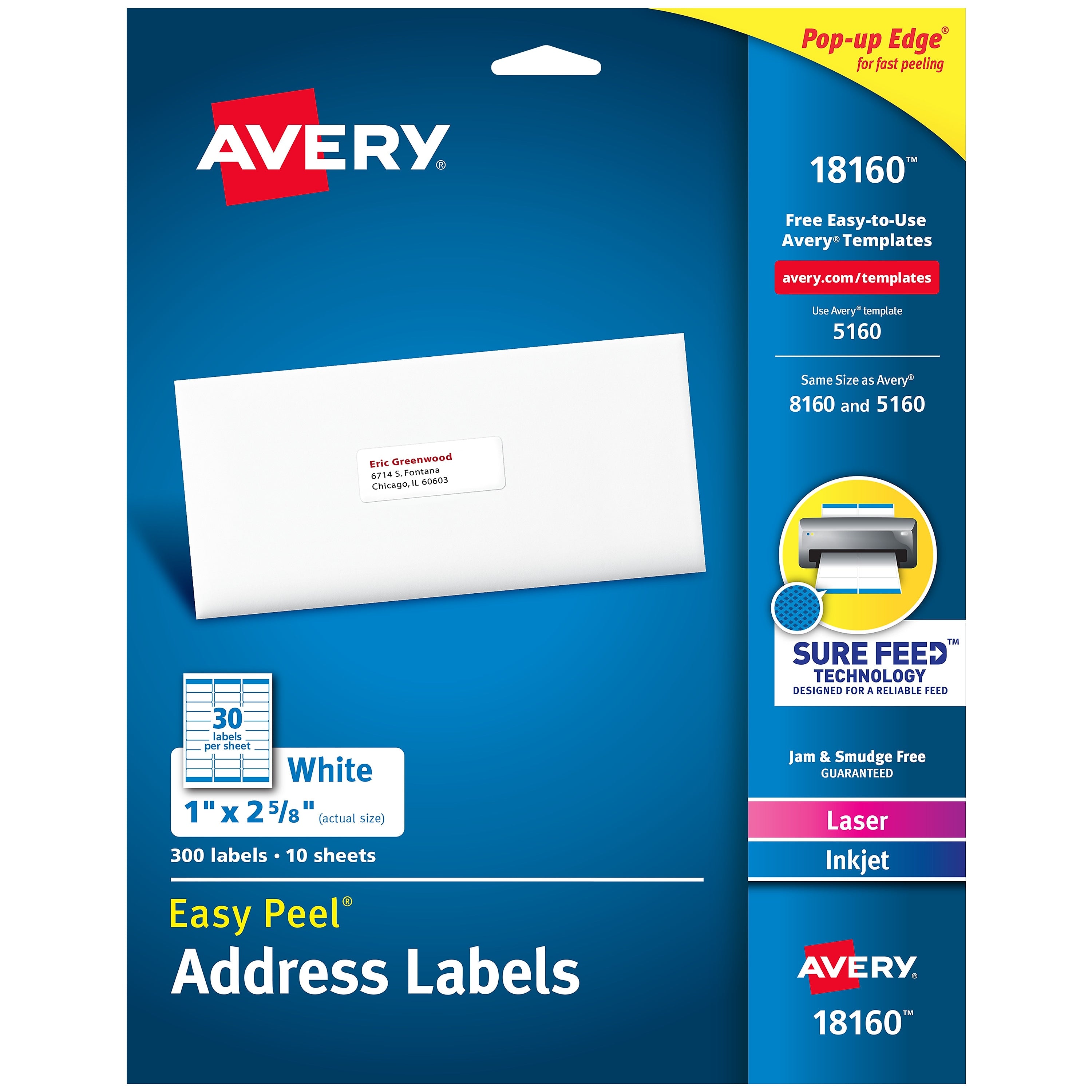 Avery Easy Peel Laser/Inkjet Address Labels, 1" x 2-5/8", White, 30 Labels/Sheet, 10 Sheets/Pack