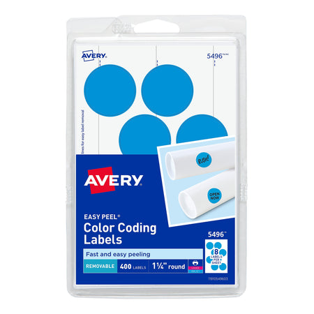 Avery Easy Peel Laser/Inkjet Color Coding Labels, 1 1/4" Dia, Light Blue, 8 Labels/Sheet, 50 Sheets/Pack