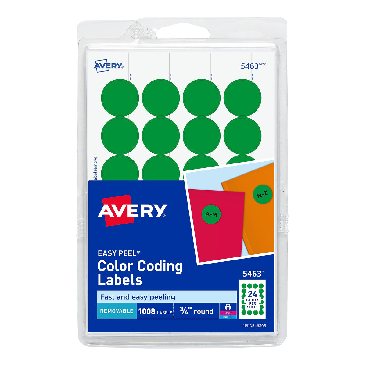 Avery Easy Peel Laser/Inkjet Color Coding Labels, 3/4" Dia., Green, 1008 Labels Per Pack