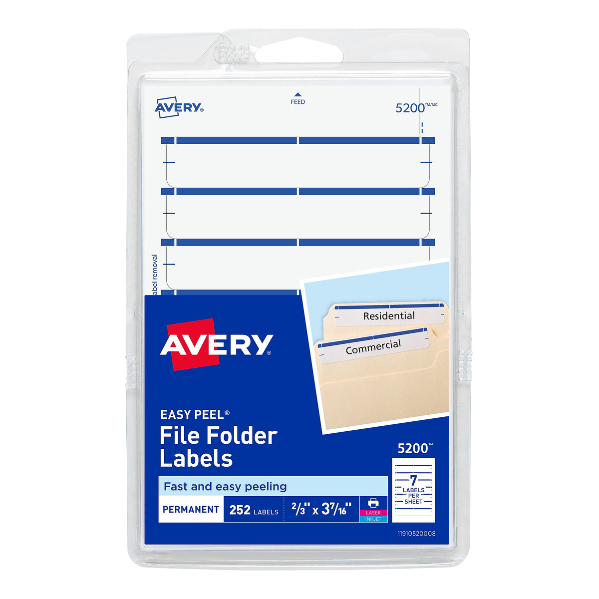 Avery Easy Peel Laser/Inkjet File Folder Labels, 2/3" x 3 7/16", Dark Blue, 252 Labels Per Pack