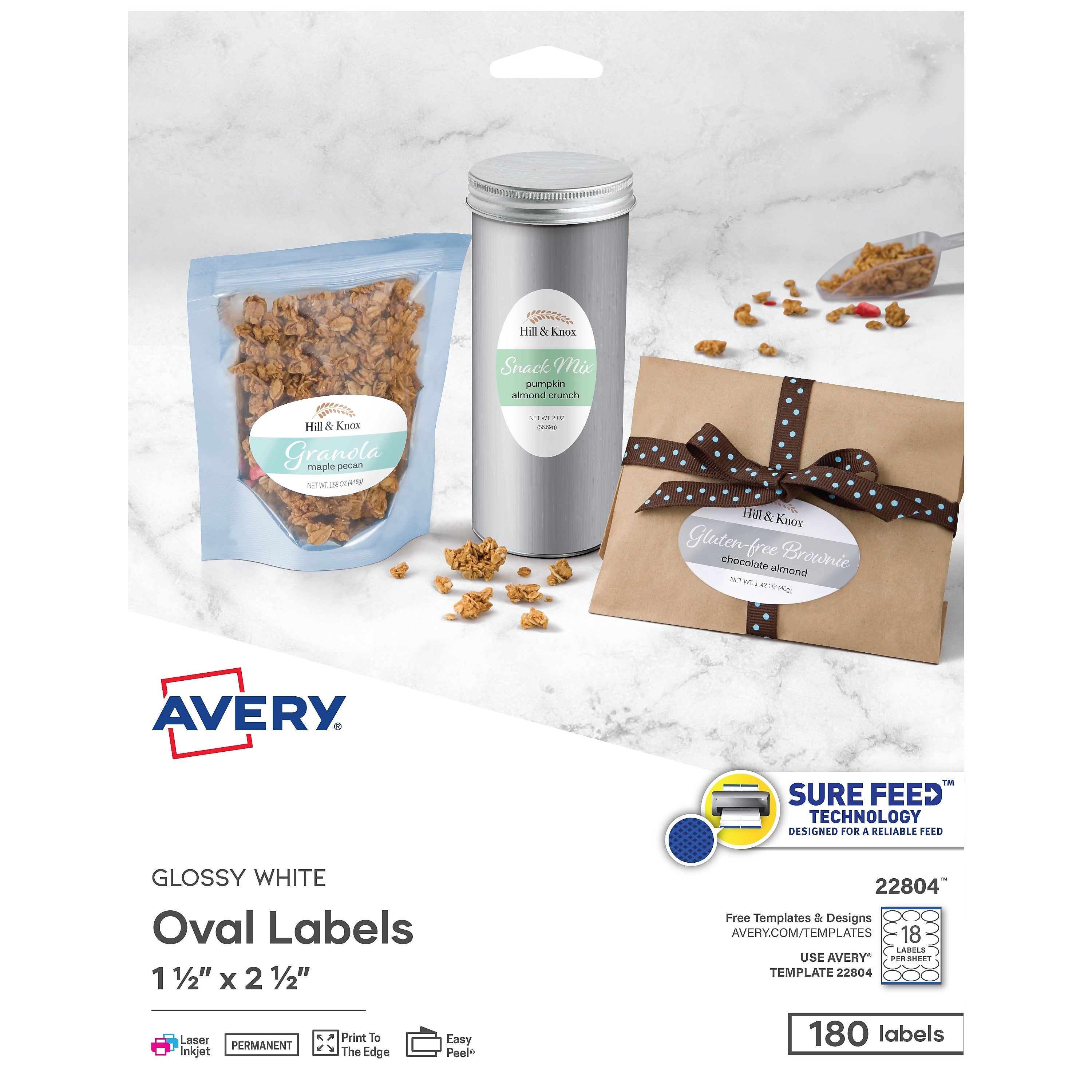 Avery Easy Peel Laser/Inkjet Labels, 1 1/2" x 2 1/2", Glossy White, 18 Labels/Sheet, 10 Sheets/Pack, 180 Labels/Pack