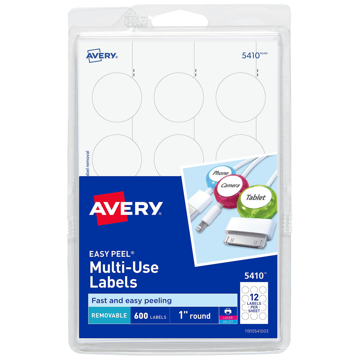 Avery Easy Peel Laser/Inkjet Multipurpose Labels, 1" Dia., White, 12 Labels/Sheet, 50 Sheets/Pack