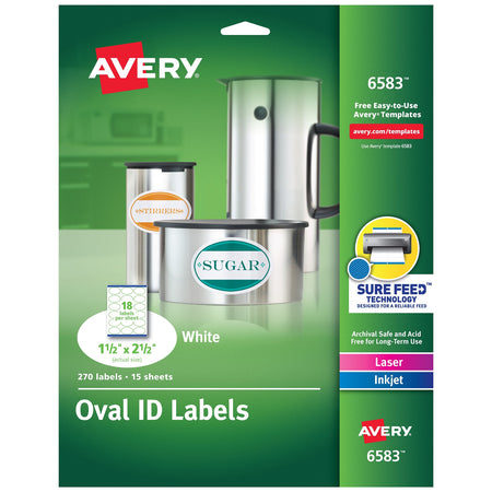 Avery Easy Peel Laser/Inkjet Oval, 1-1/2" x 2-1/2", White, 18 Labels/Sheet, 15 Sheets/Pack, 270 Labels/Pack