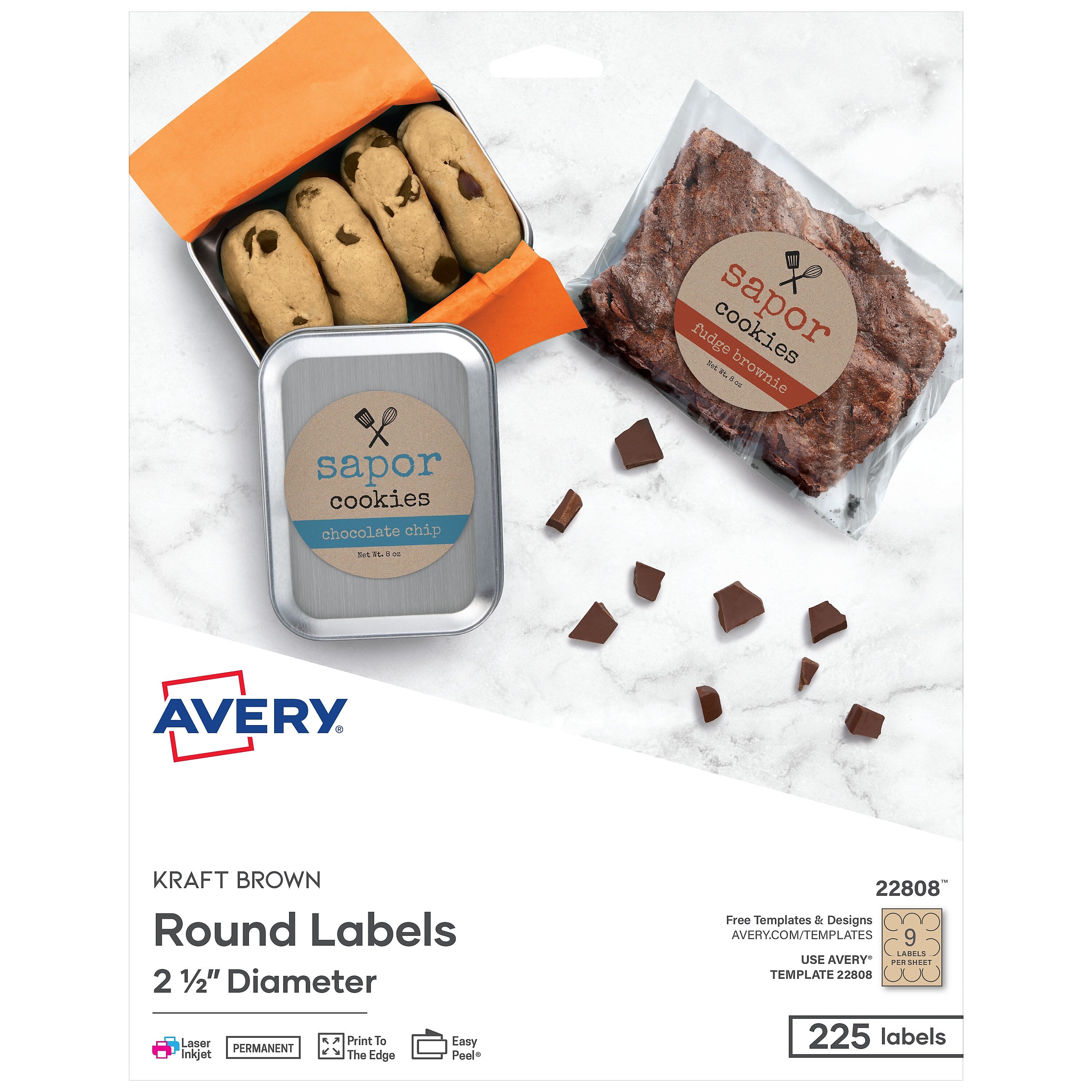 Avery Easy Peel Laser/Inkjet Round Labels, 2 1/2" Diameter, Kraft Brown, 9 Labels/Sheet, 25 Sheets/Pack, 225 Labels/Pack