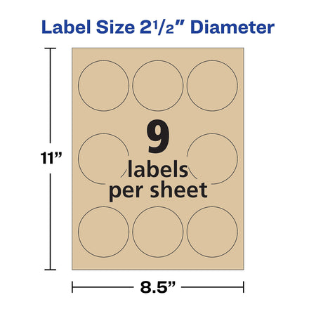 Avery Easy Peel Laser/Inkjet Round Labels, 2 1/2" Diameter, Kraft Brown, 9 Labels/Sheet, 25 Sheets/Pack, 225 Labels/Pack