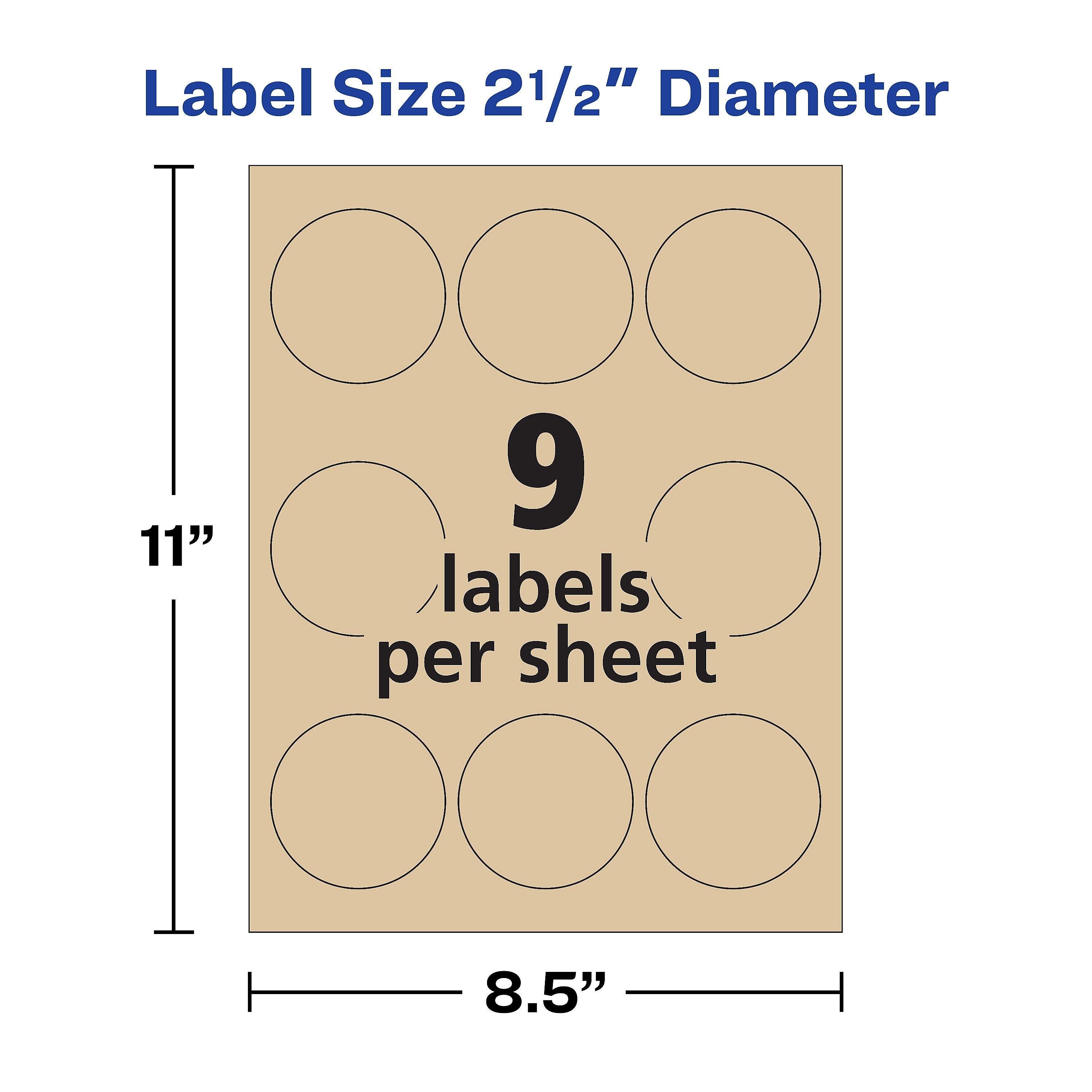 Avery Easy Peel Laser/Inkjet Round Labels, 2 1/2" Diameter, Kraft Brown, 9 Labels/Sheet, 25 Sheets/Pack, 225 Labels/Pack